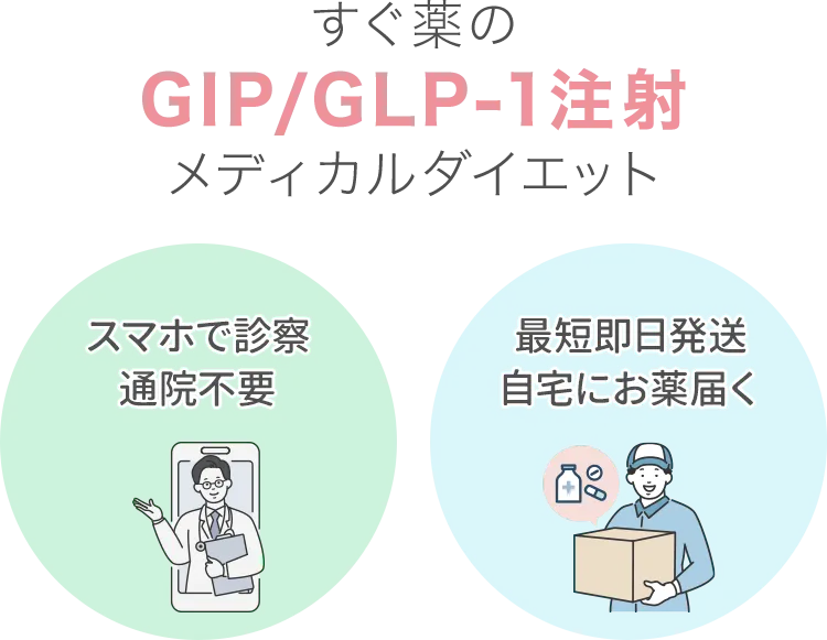 すぐ薬（すぐやく）のGIP/GLP-1注射 メディカルダイエット スマホで診察通院不要 最短即日発送 自宅にお薬届く